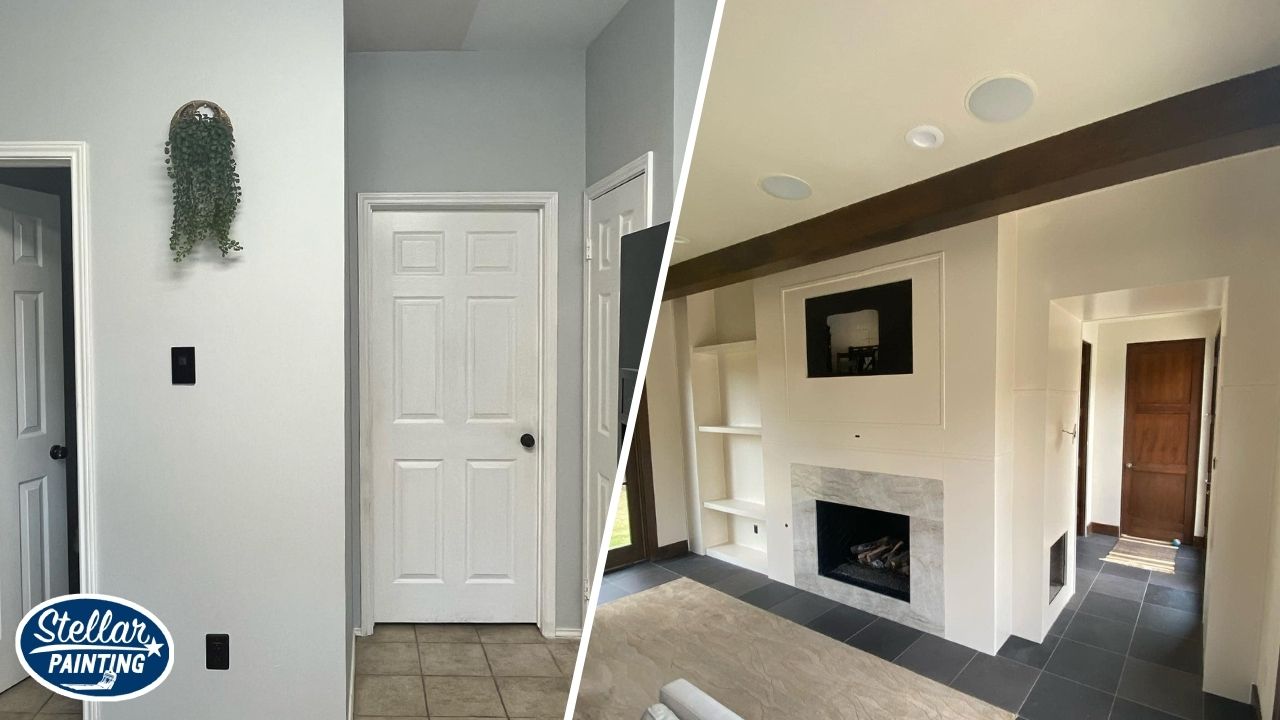 Interior Painting Diamond Hill-Jarvis Fort Worth, TX - Color Schemes - Stellar Painting This is an interior painting project by Stellar Painting in Diamond Hill-Jarvis Fort Worth, TX, highlighting freshly painted walls, doors, and trim in a hallway and living area.