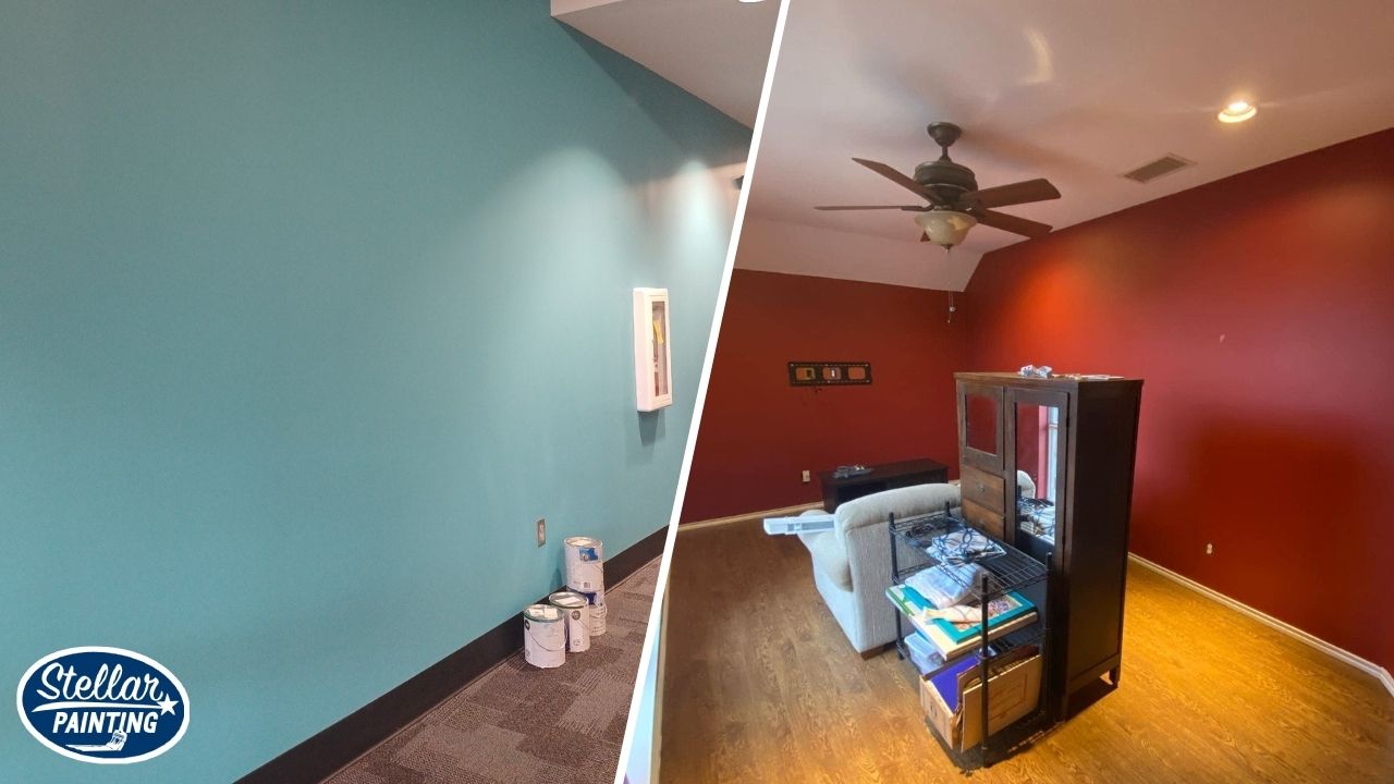 Interior Painting Diamond Hill-Jarvis Fort Worth, TX - Room Types - Stellar Painting This is an interior painting project by Stellar Painting in Diamond Hill-Jarvis Fort Worth, TX, showcasing bold teal and deep red accent walls.