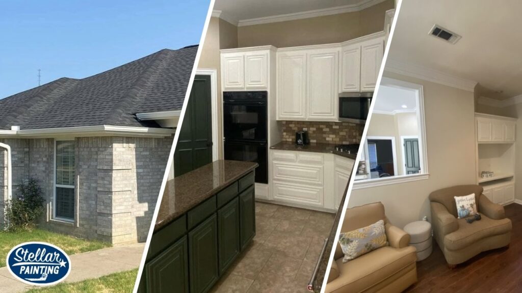 This is a three-split image featuring exterior, kitchen, and interior painting projects by Stellar Painting in Alexandra Meadows Fort Worth, TX.