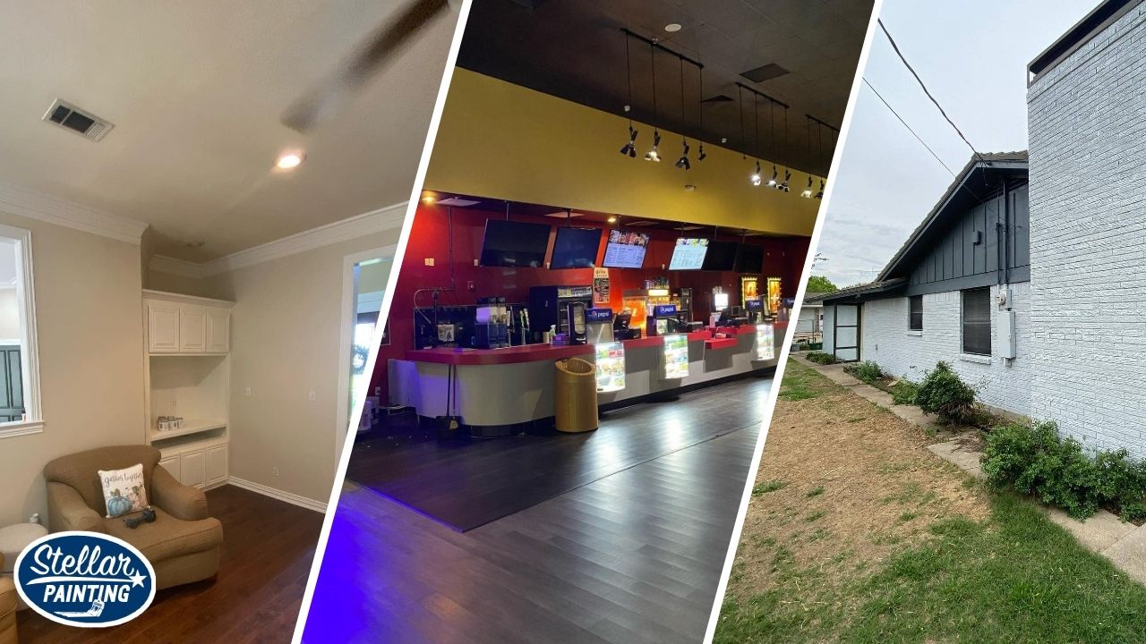 This is a split image of a white painted wall, interior of a house, and a commercial space in Fort Worth, TX.