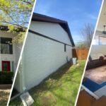 This is a three-way split image of residential painting projects by Stellar Painting in Alexandra Meadows Fort Worth, TX, featuring exterior brick walls and a freshly painted living room.