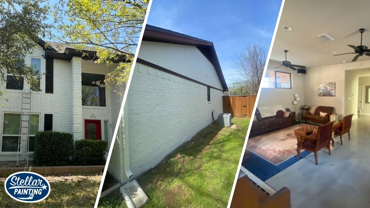 This is a three-way split image of residential painting projects by Stellar Painting in Alexandra Meadows Fort Worth, TX, featuring exterior brick walls and a freshly painted living room.