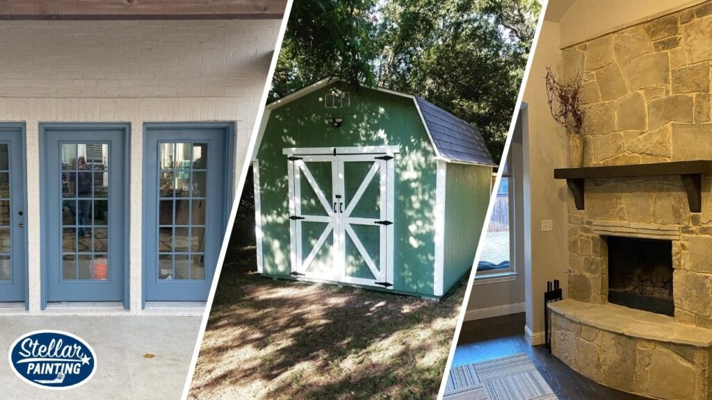 This is a three-split image of residential painting in Diamond Hill-Jarvis Fort Worth, TX, featuring French doors, a green backyard shed, and a rustic stone fireplace.