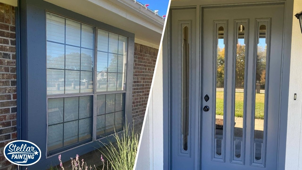 This is a two-split image of residential exterior painting in Diamond Hill-Jarvis Fort Worth, TX, showing blue-trimmed windows and a painted front door with decorative glass.