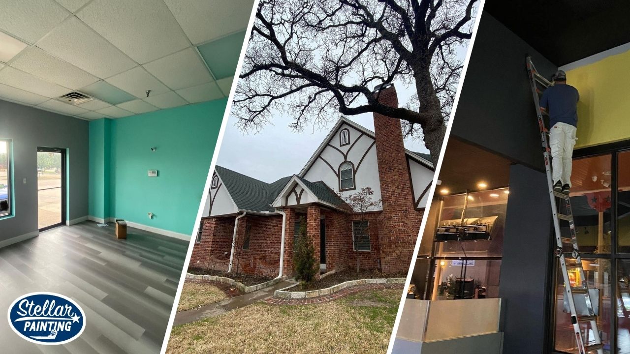 This is a split image of exterior painting, office painting, and commercial painting in Fort Worth, TX.