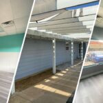 This is a three-way split image of commercial and exterior painting work by Stellar Painting in Alexandra Meadows Fort Worth, TX, highlighting a retail interior and patio siding.