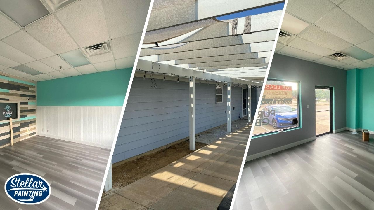 This is a three-way split image of commercial and exterior painting work by Stellar Painting in Alexandra Meadows Fort Worth, TX, highlighting a retail interior and patio siding.