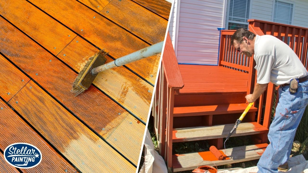 Painting Company Diamond Hill-Jarvis Fort Worth - Reliability - Stellar Painting This is a two-split image of residential deck painting in Diamond Hill-Jarvis Fort Worth, TX, showing wood staining and bright orange-red stair painting in progress.