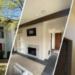 This is a three-split image of residential interior and exterior painting in Diamond Hill-Jarvis Fort Worth, TX, showing a painted brick home, modern fireplace, and tall entryway.