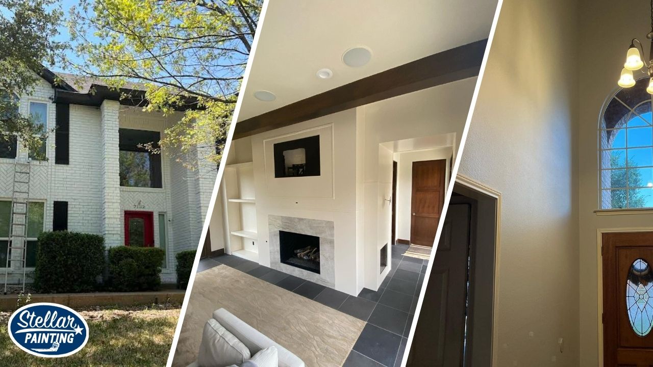 This is a three-split image of residential interior and exterior painting in Diamond Hill-Jarvis Fort Worth, TX, showing a painted brick home, modern fireplace, and tall entryway.