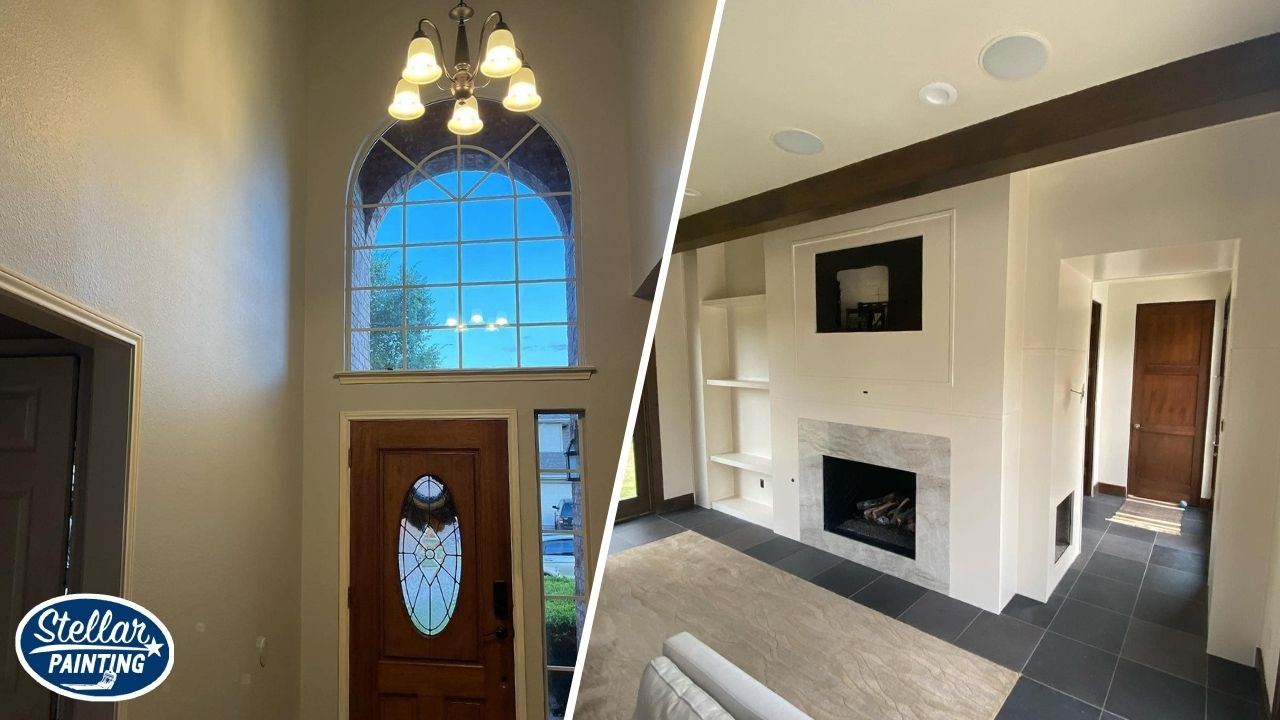 Painting Company Diamond Hill-Jarvis Fort Worth, TX - Project Types - Stellar Painting This is a two-split image of residential interior painting in Diamond Hill-Jarvis Fort Worth, TX, showing a double-height foyer and a clean white living room with a fireplace.