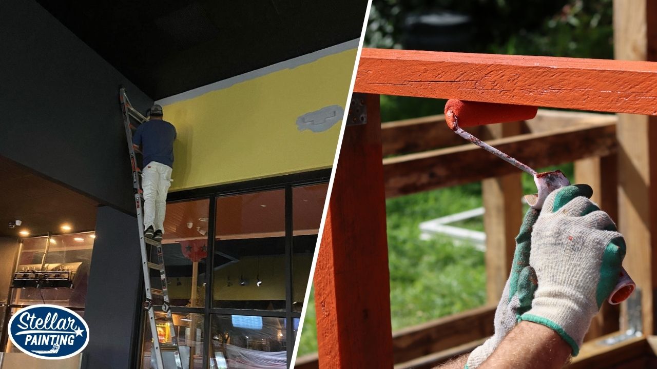 Painting Company Diamond Hill-Jarvis Fort Worth, TX - Trained Crew - Stellar Painting This is a two-split image of residential and commercial painting in Diamond Hill-Jarvis Fort Worth, TX, showing commercial ceiling painting and orange deck railing painting.