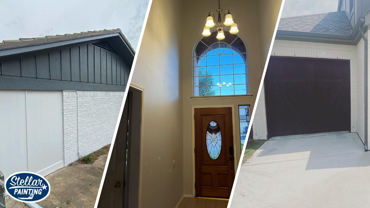 This is a split image of interior of a house, a white painted wall, and brown gate in Fort Worth, TX.