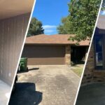 This is a three-split image of residential exterior painting in Alexandra Meadows Fort Worth, TX, showing front porch, garage, and backyard windows.