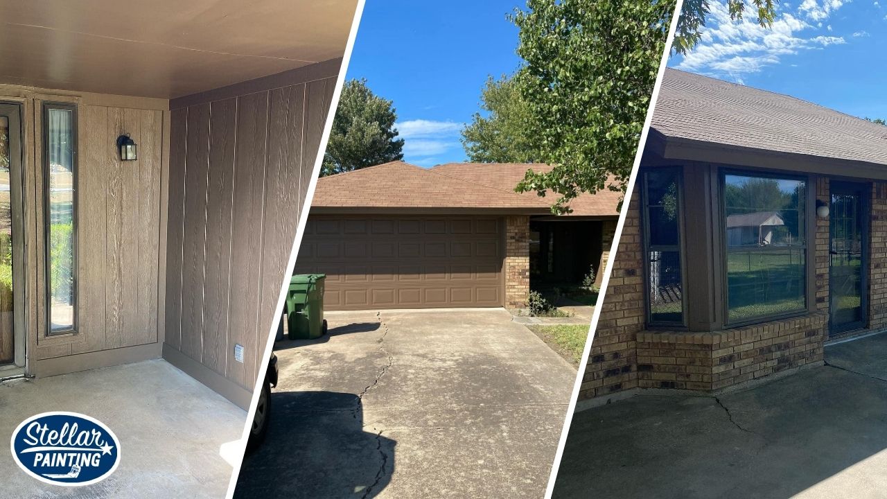 This is a three-split image of residential exterior painting in Alexandra Meadows Fort Worth, TX, showing front porch, garage, and backyard windows.