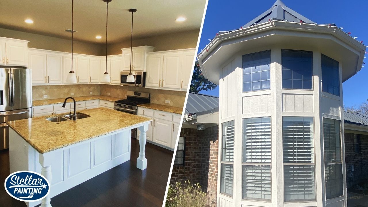 Painting Contractors Diamond Hill-Jarvis Fort Worth - Contractor Types - Stellar Painting This is a split-image project by Stellar Painting in Diamond Hill-Jarvis Fort Worth, TX, showing a remodeled white kitchen interior and a freshly painted exterior window turret.