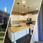 This is a three-split image of residential painting in Diamond Hill-Jarvis Fort Worth, TX, showing a brick home exterior, modern white kitchen, and updated gray front door.