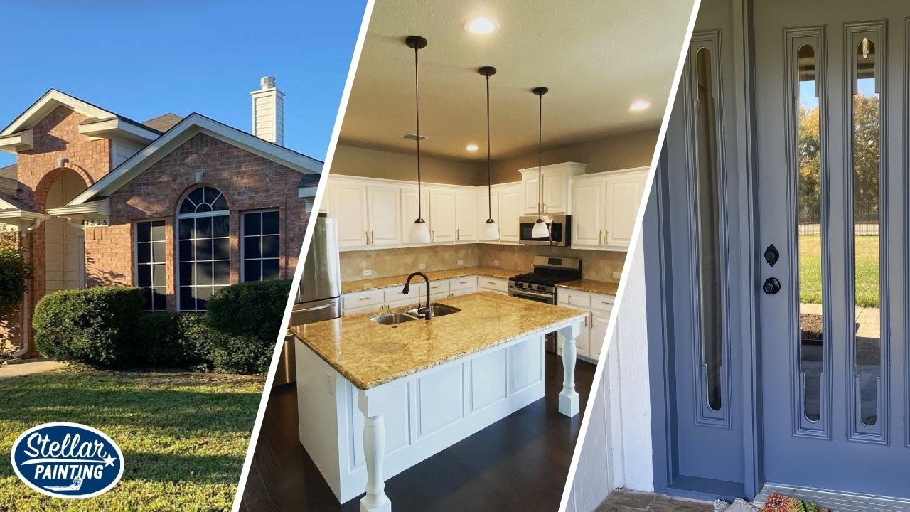 This is a three-split image of residential painting in Diamond Hill-Jarvis Fort Worth, TX, showing a brick home exterior, modern white kitchen, and updated gray front door.