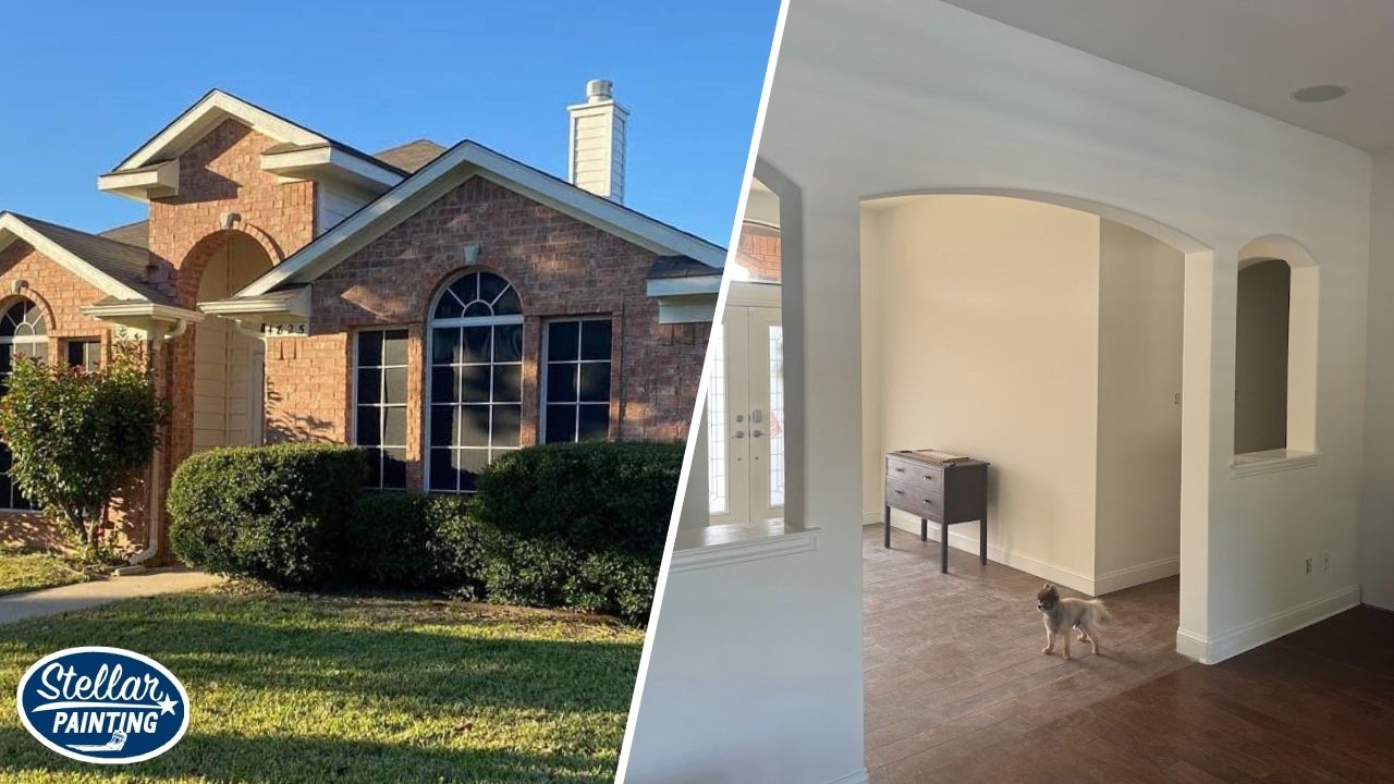 Painting Contractors Diamond Hill-Jarvis Fort Worth, TX - Certifications - Stellar Painting This is a side-by-side image of a residential painting project in Diamond Hill-Jarvis Fort Worth, TX, featuring an exterior brick home and a newly painted white interior with archway.