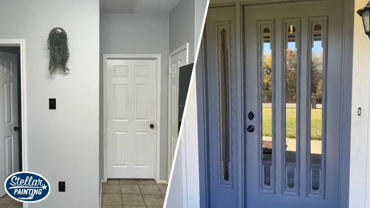 Painting Contractors Diamond Hill-Jarvis Fort Worth, TX - Insurance Coverage - Stellar Painting This is a split-image project by Stellar Painting in Diamond Hill-Jarvis Fort Worth, TX, displaying a freshly painted interior hallway and detailed front door repainting.
