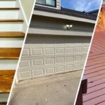 This is a split image of garage gate, stair case, and a newly painted deck in Fort Worth, TX.