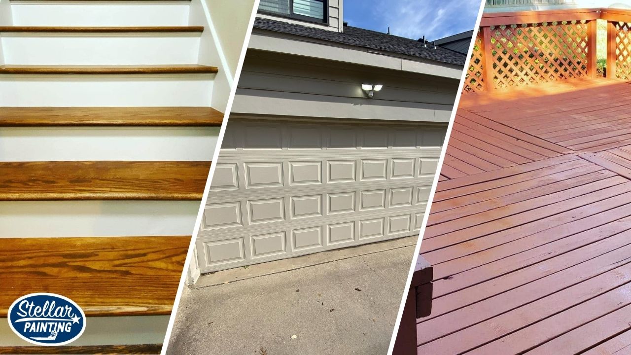 This is a split image of garage gate, stair case, and a newly painted deck in Fort Worth, TX.