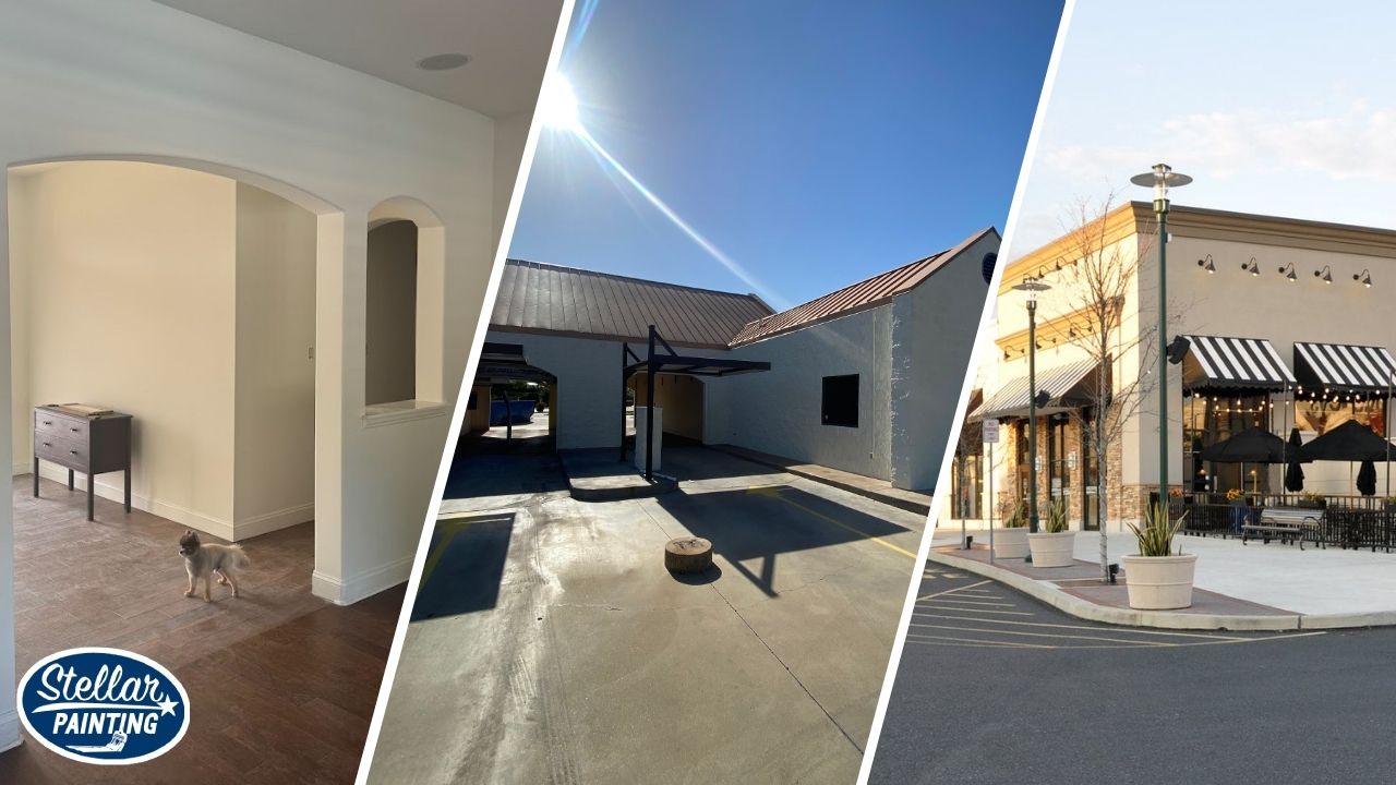 This is a commercial painting project by Stellar Painting in Alexandra Meadows Fort Worth, TX, showing an interior archway, a car wash exterior, and a freshly painted retail storefront.