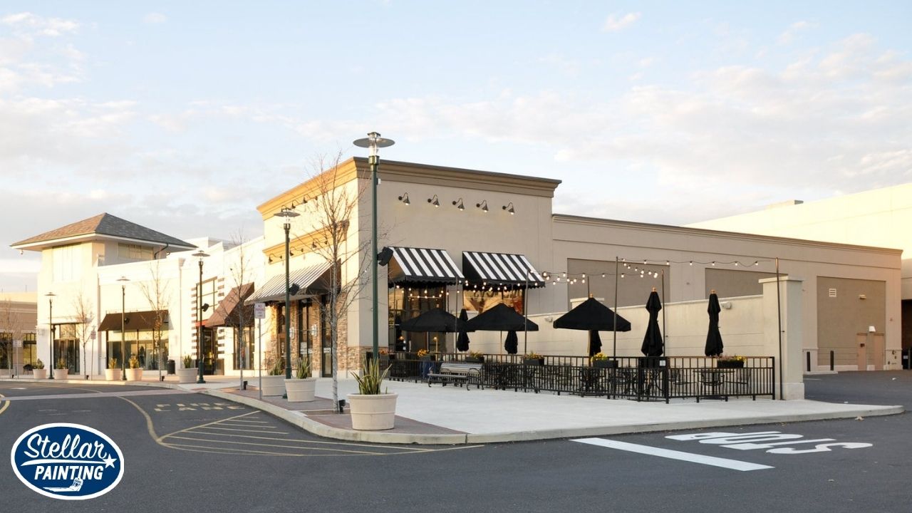 Painting Services Alexandra Meadows Fort Worth, TX - Commercial Painting - Stellar Painting This is a commercial exterior painting project by Stellar Painting in Alexandra Meadows Fort Worth, TX, featuring a modern shopping plaza with clean, neutral tones.