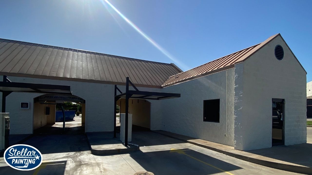 Painting Services Alexandra Meadows Fort Worth, TX - Exterior Painting - Stellar Painting This is a commercial painting project by Stellar Painting in Alexandra Meadows Fort Worth, TX, showing a bright white exterior on a car wash facility.