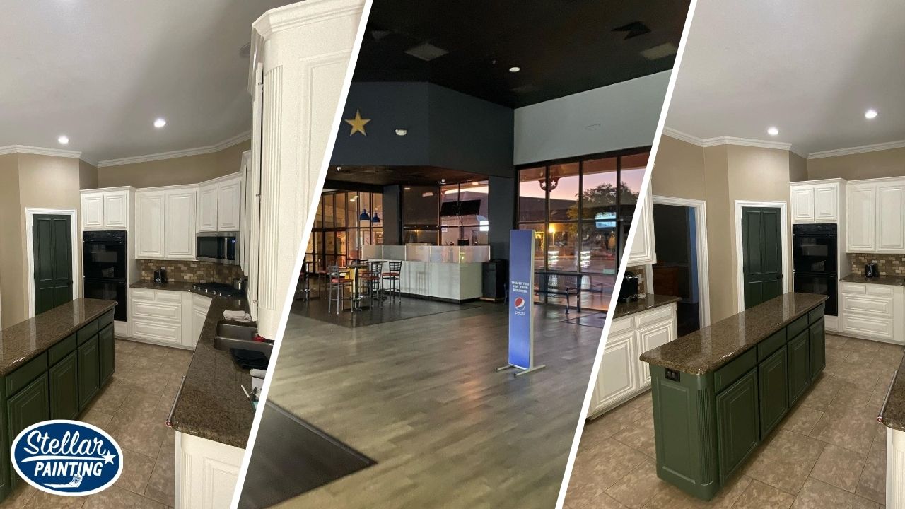 This is a split image of a storefront, a house, and a kitchen.