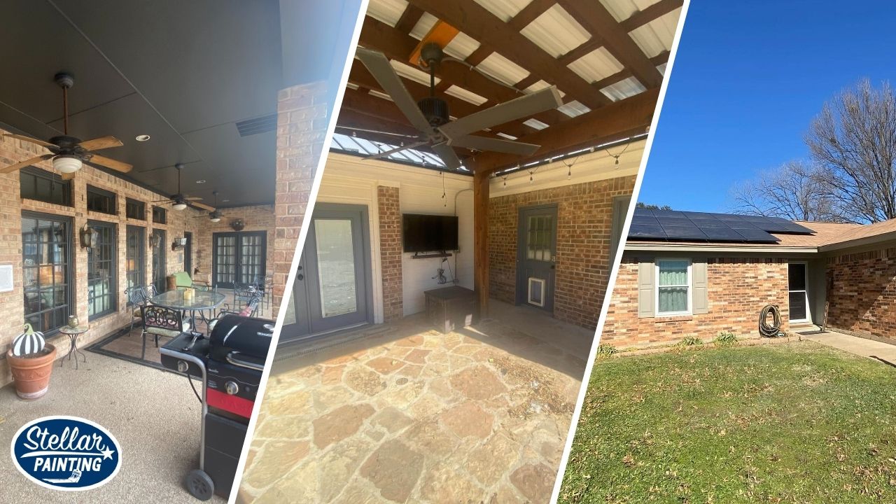 This is a three-split image of residential painting work in Alexandra Meadows Fort Worth, TX, showing patio, outdoor TV area, and house rear view.