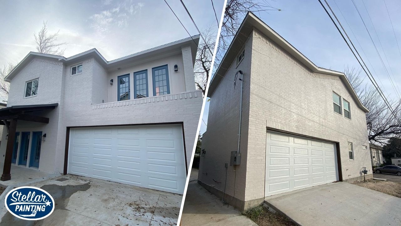 This is a two-split exterior painting project in Diamond Hill-Jarvis Fort Worth, TX, showing a dual-angle view of a garage and brick siding with white-painted finish.
