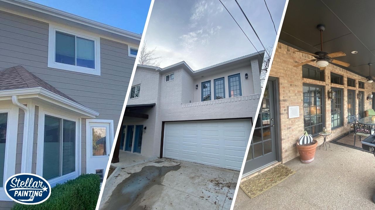 This is a three-split image of a residential painting project in Diamond Hill-Jarvis Fort Worth, TX, featuring rear bay windows, light brick exterior with white trim, and painted patio doors.