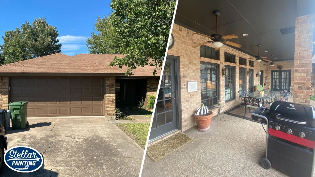 This is a side-by-side image of an exterior painting project in Diamond Hill-Jarvis Fort Worth, TX, showing a brown garage door and coordinating rear patio with painted ceilings and trim.