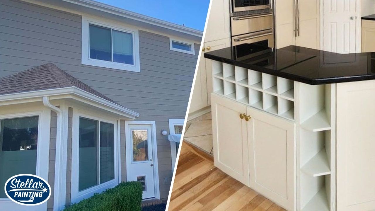 This is a split-image project by Stellar Painting in Diamond Hill-Jarvis Fort Worth, TX, highlighting a beige exterior with white trim and a custom-painted kitchen island with wine rack.