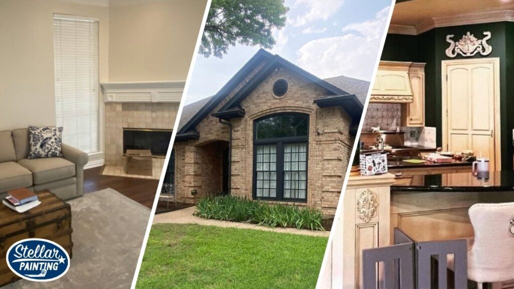 This is a split image of an interior and exterior of a house in Fort Worth, TX.
