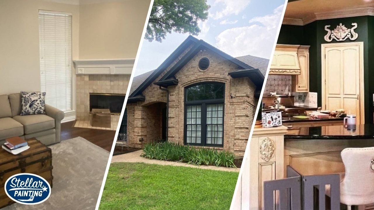 This is a split image of an interior and exterior of a house in Fort Worth, TX.