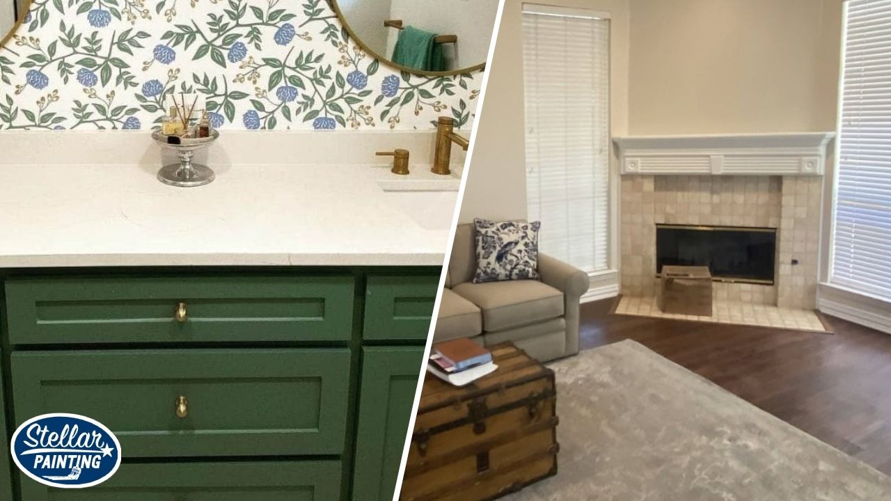 This is a split image of cabinet and interior painting in Fort Worth.