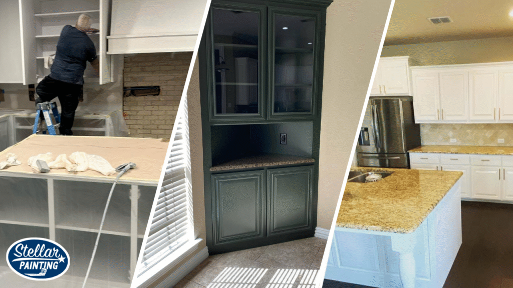 This is a split image of cabinet painting in Fort Worth, TX.