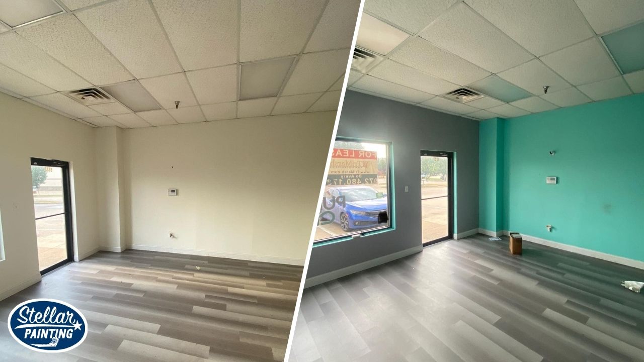 Commercial Painting Park Glen Fort Worth TX - Special Coatings - Stellar Painting This is a before and after image of a commercial space in Fort Worth, TX.