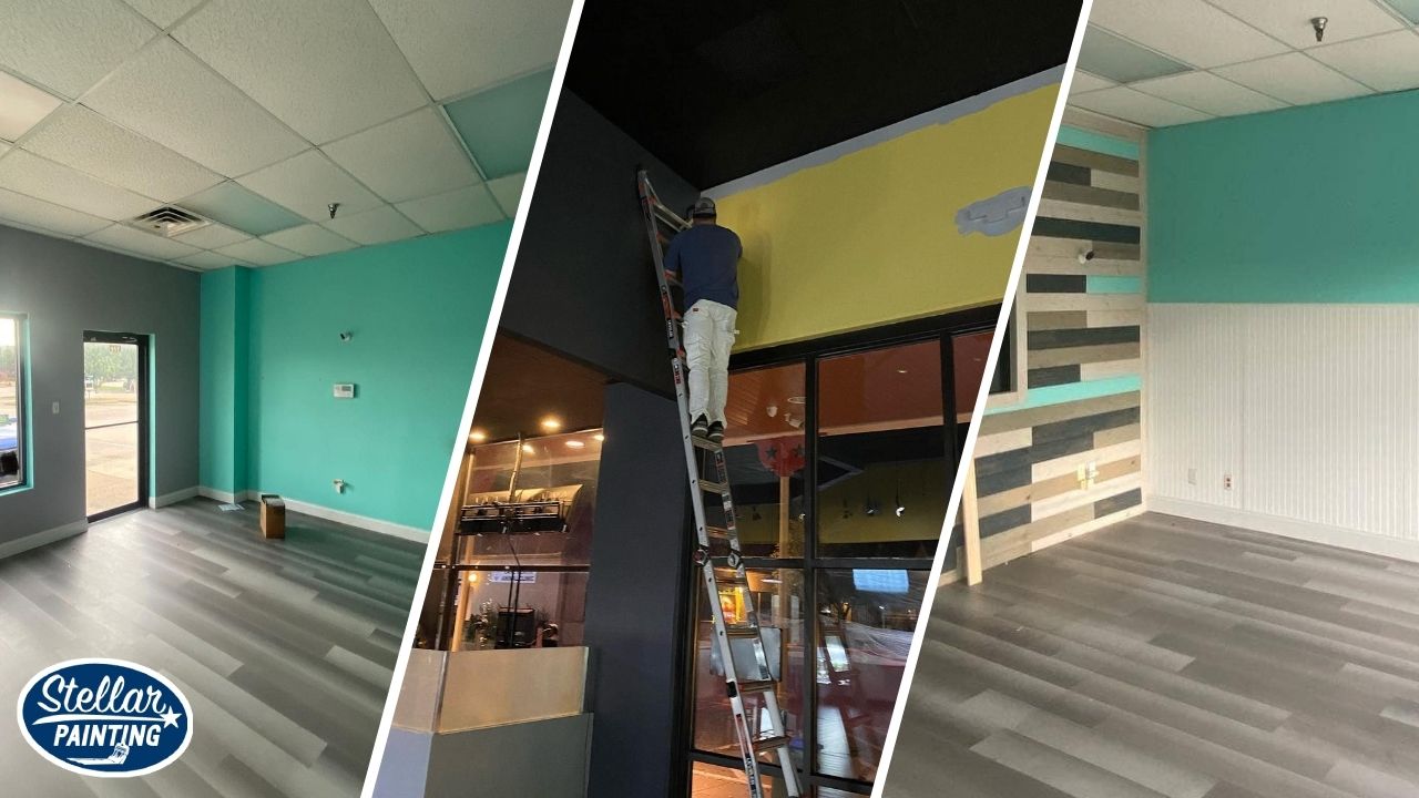 This is a split image of commercial painting services done by Stellar Painting.