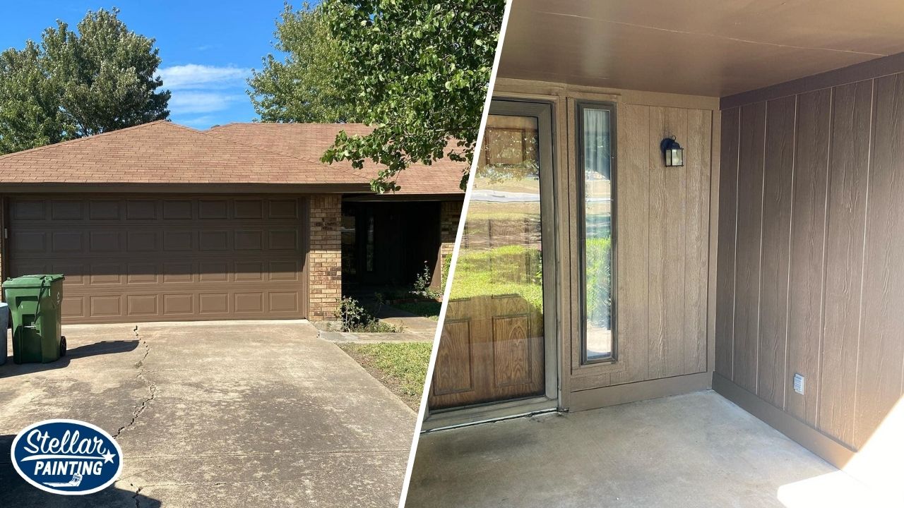 Exterior Painting Park Glen Fort Worth TX - Exterior Paint - Stellar Painting A split image of exterior of a house and a door painted with brown paint.