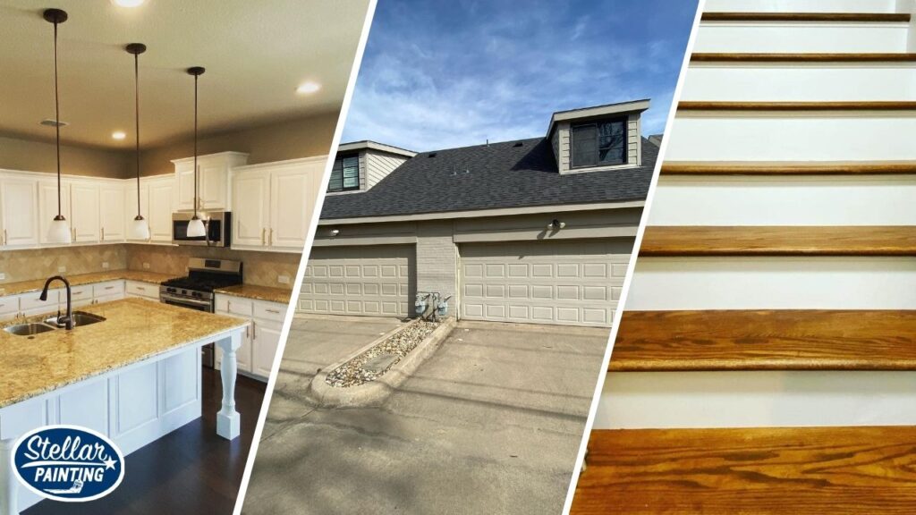 This is an image of kitchen cabinet, garage painting, and a staircase..
