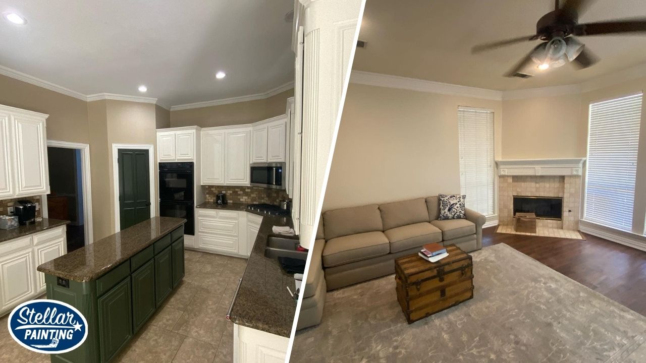 Interior Painting Park Glen Fort Worth TX - Interior Surfaces - Stellar Painting A split image of cabinet painting and interior painting in Fort Worth, TX.