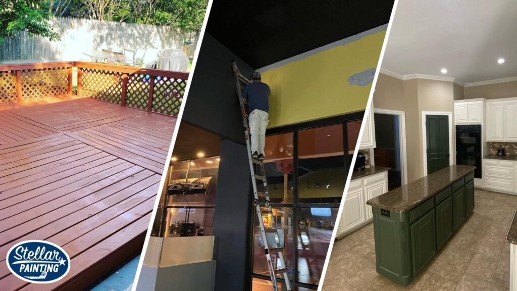 This a split image of a painter, a newly painted deck, and a kitchen cabinet in Fort Worth, TX.