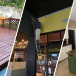 This a split image of a painter, a newly painted deck, and a kitchen cabinet in Fort Worth, TX.