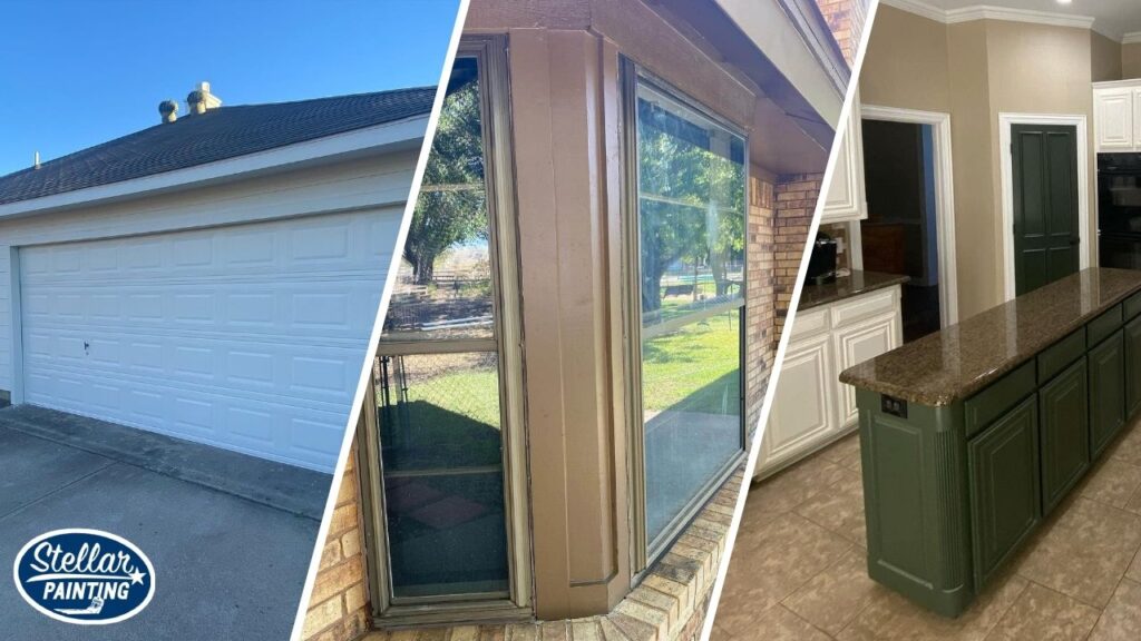 This is a aplit image of white garage door, brown window, and cabinet painting in Fort Worth, TX.