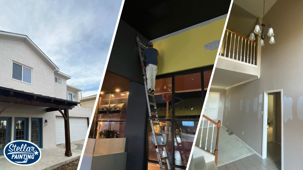 This is a split image of a white house, a painter, and a cream colored painted wall in Fort Worth, TX.