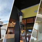 This is a split image of a white house, a painter, and a cream colored painted wall in Fort Worth, TX.