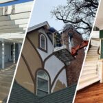 This is a split image of a painter, a blue house, and a beautiful interior in Fort Worth.